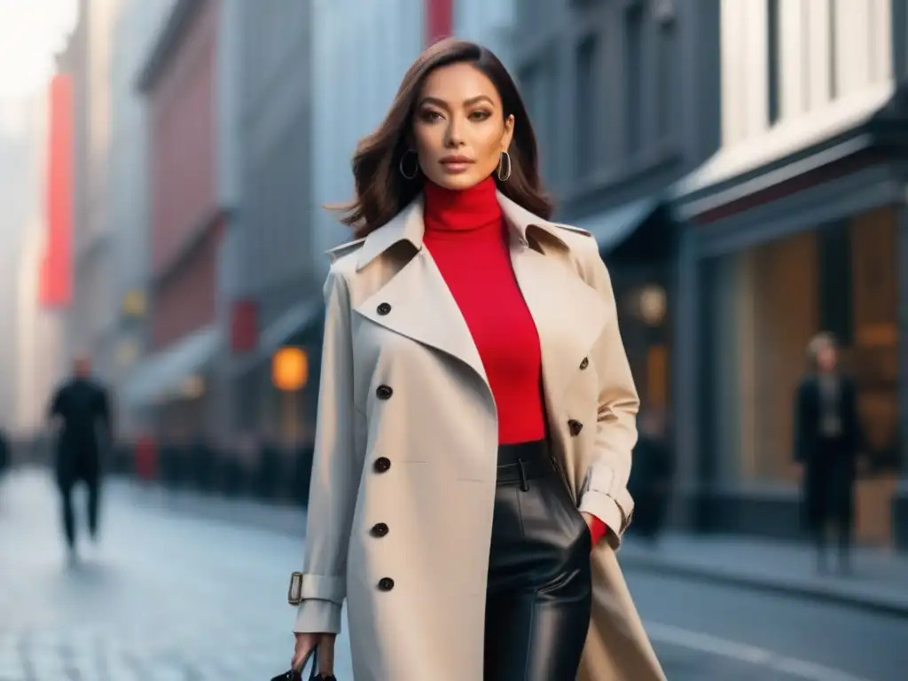 Elegante mujer en la ciudad: estilo y confianza Una mujer petite elegante caminando con confianza por la ciudad luciendo un outfit profesional y moderno, destacando su bolso rojo vibrante