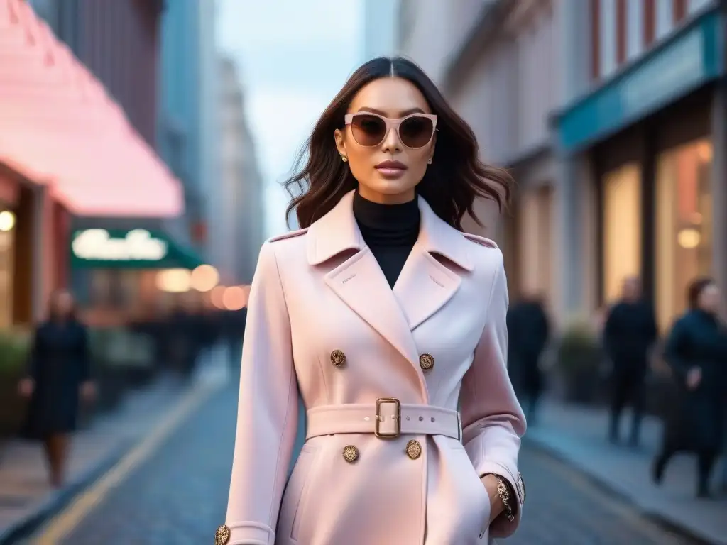Estilo y confianza: mujer elegante en abrigo rosa paseando por la ciudad Una mujer petite elegante camina con confianza por la ciudad luciendo un abrigo rosa cómodo y moderno