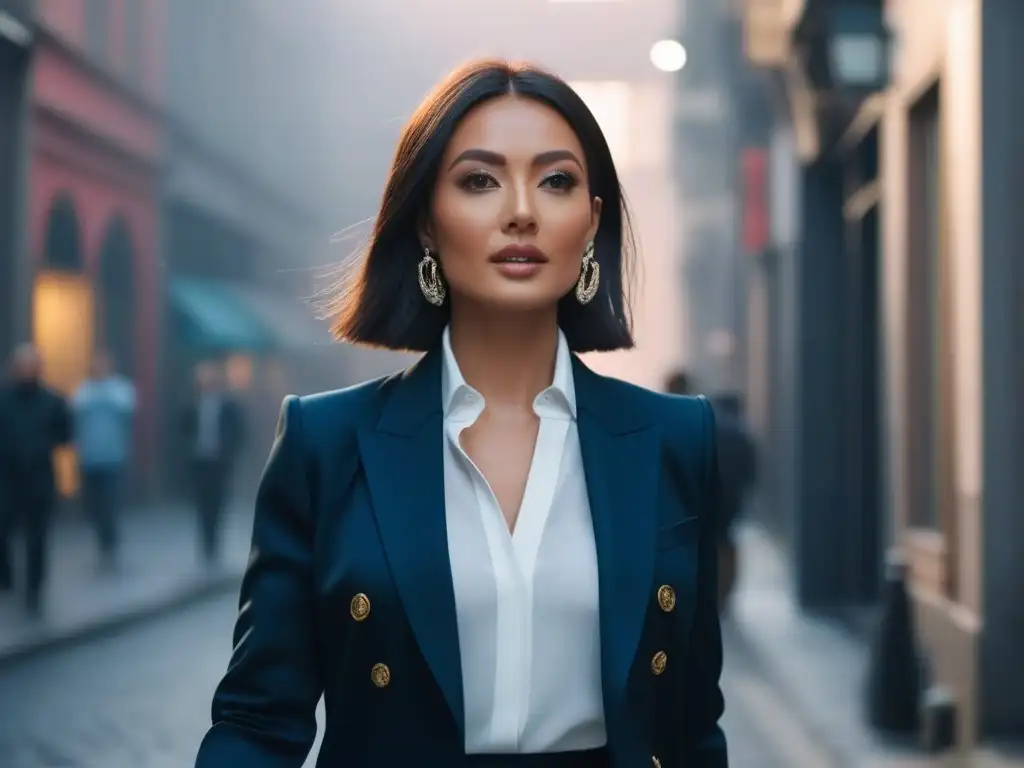 Mujer petite moderna y elegante en la ciudad Una mujer petite elegante y moderna camina con confianza por la ciudad luciendo un atuendo de capas perfectamente adaptado que realza su figura petite
