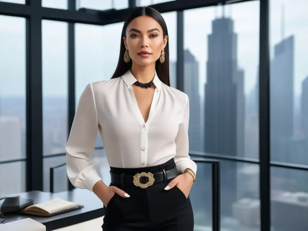 Estilosa mujer petite en oficina moderna Una mujer petite elegante en una oficina moderna, luciendo una blusa blanca impecable y accesorios refinados