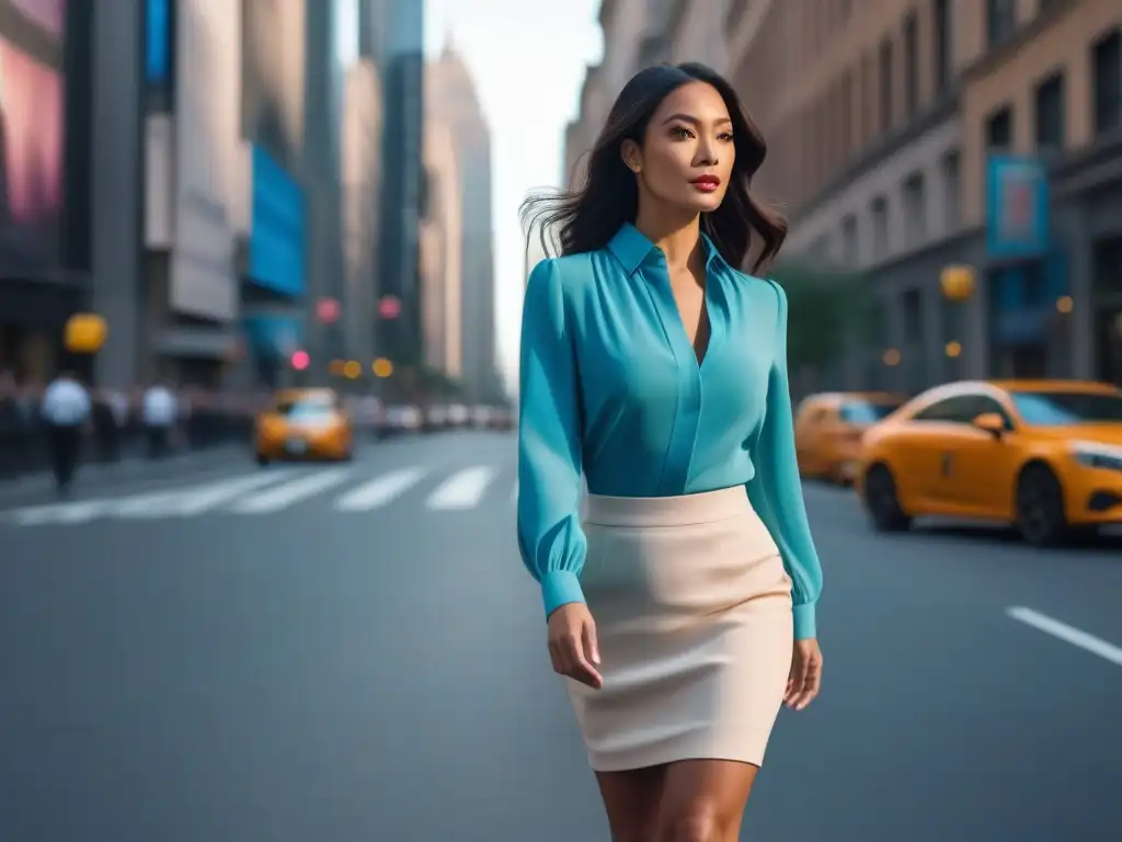Elegante mujer petite en la ciudad Una mujer petite elegante y segura camina por la ciudad luciendo una falda lápiz a la rodilla y blusa chic