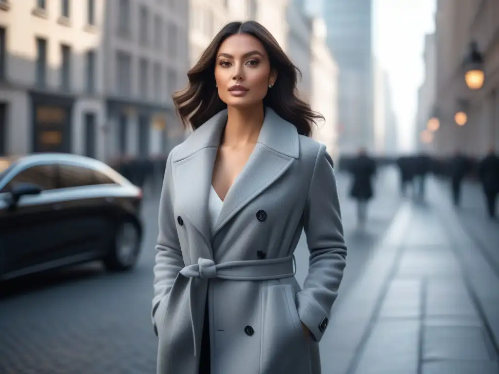 Elegante mujer en abrigo pasea segura por la ciudad Una mujer petite elegante y sofisticada camina con confianza por una calle de la ciudad luciendo un abrigo moderno y bien ajustado