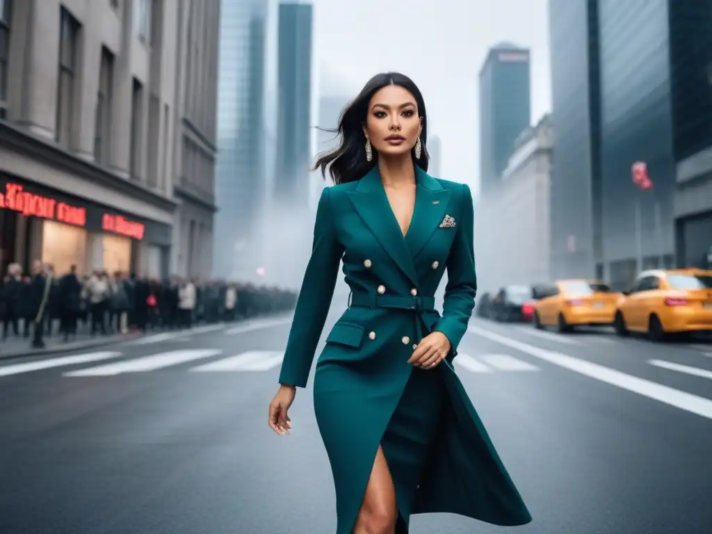 Estilo Petite: Elegancia y Confianza en la Ciudad Una mujer petite elegante y sofisticada caminando por una ciudad vibrante, representando compras inteligentes moda petite