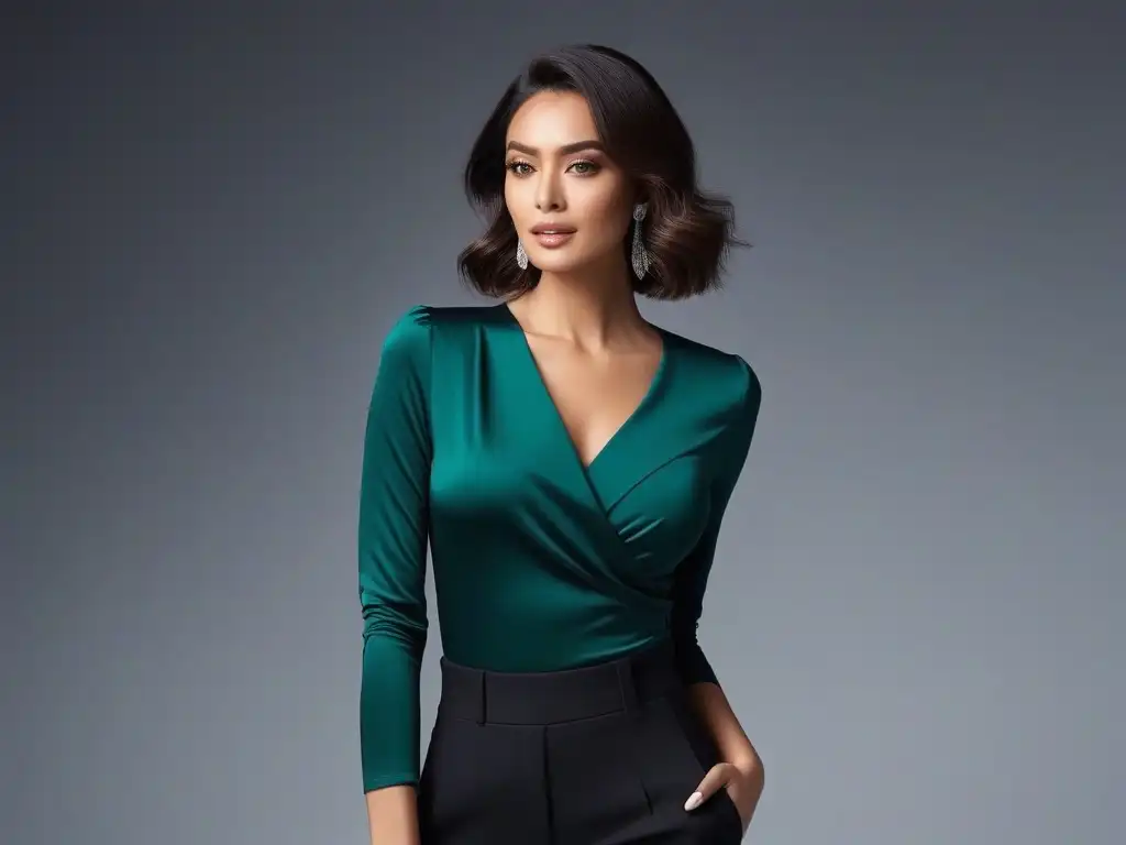Silueta alargada: mujer elegante con escote en V Una mujer petite luciendo elegante en un top con escote en V, resaltando su silueta