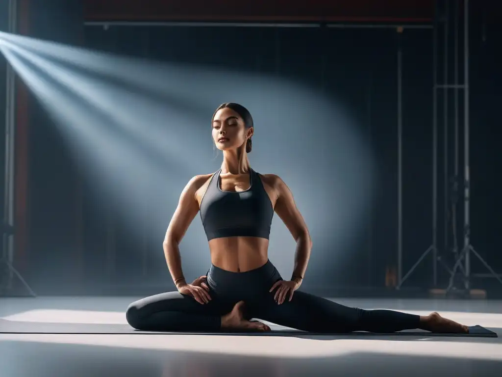 Empoderamiento en yoga: mujer petite en poses elegantes Una mujer petite realizando elegantes poses de yoga en un estudio moderno