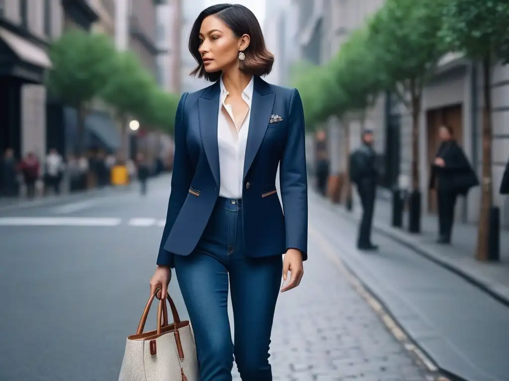 Estilo urbano: mujer petite con blazer y tacones Una mujer petite con estilo, luciendo un blazer y tacones camina por la ciudad
