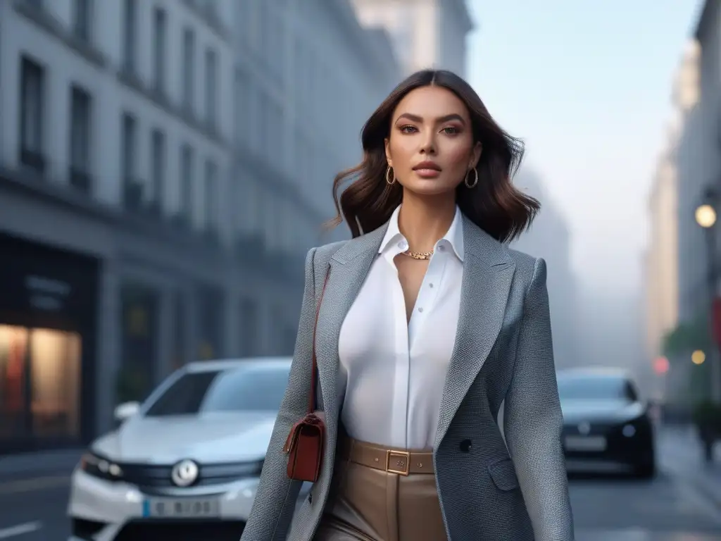 Estilo Petite: Mujer segura y chic en la ciudad Una mujer petite desfilando con estilo por la ciudad, inspiración para blogs de moda mujeres petite
