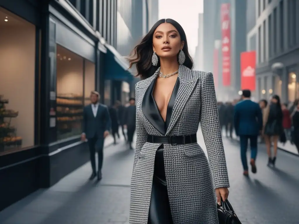 Empoderada y chic: mujer pequeña deslumbrando en la ciudad Una mujer petite desfilando con estilo en la ciudad, representando la moda inclusiva para mujeres petite
