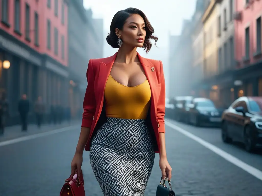 Estilo urbano: mujer segura con outfit vibrante y moderno Una mujer petite desfilando con estilo en la ciudad, luciendo un atuendo vibrante y bien ajustado