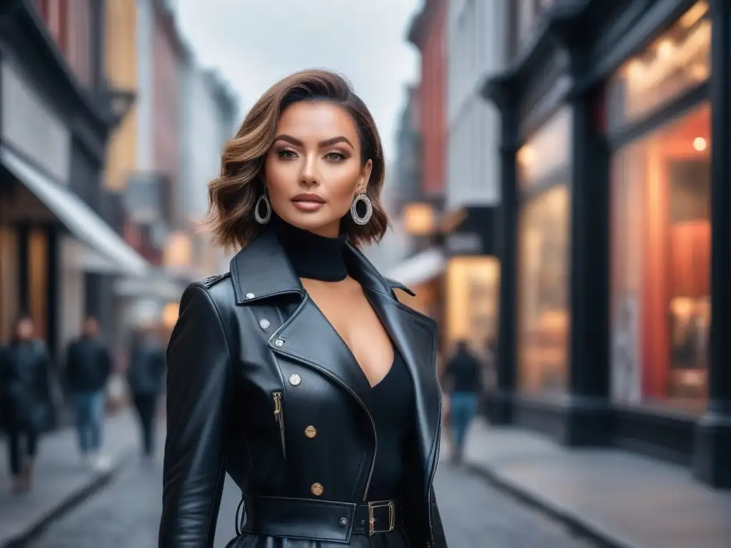 Mujer chic en la ciudad: estilo y confianza en alta resolución Una mujer petite con estilo camina confiada por la ciudad, reflejando la moda urbana