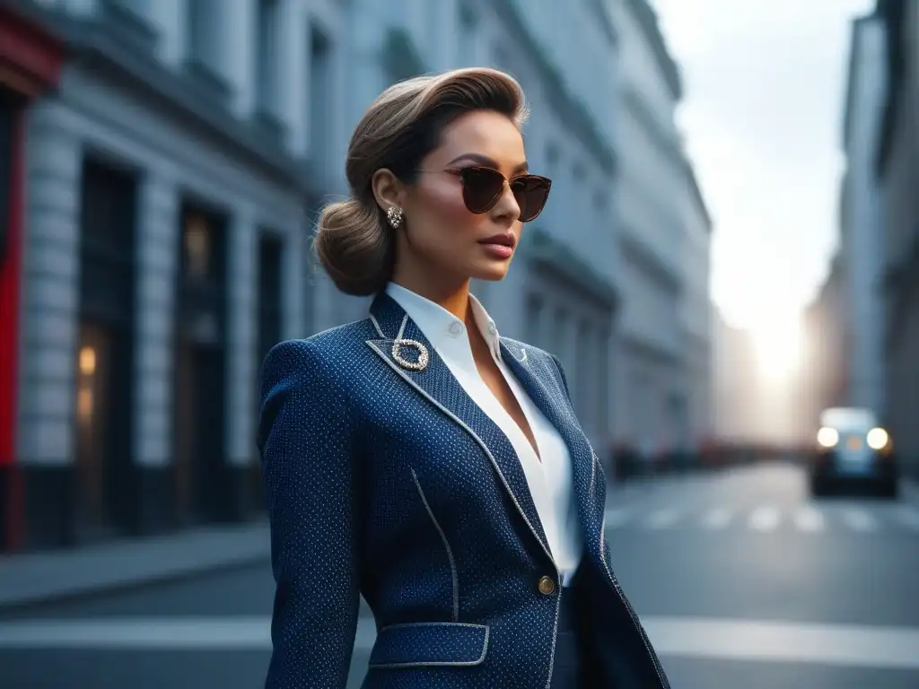 Estilo y poder: mujer petite deslumbrante en la ciudad Una mujer petite con estilo pasea confiada por la ciudad, luciendo un outfit moderno y chic