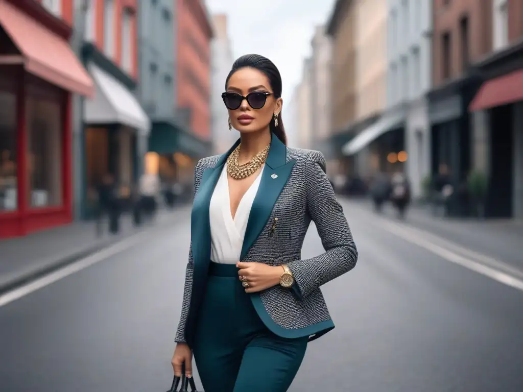 Estilo urbano: mujer segura y chic en la ciudad Una mujer petite con estilo pasea confiada por la ciudad, luciendo un look elegante