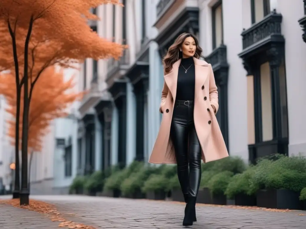 Estilo urbano: mujer petite segura con abrigo rosa paseando por la ciudad Una mujer petite con estilo pasea confiada por una calle de la ciudad luciendo un abrigo cómodo y elegante en color rosa suave