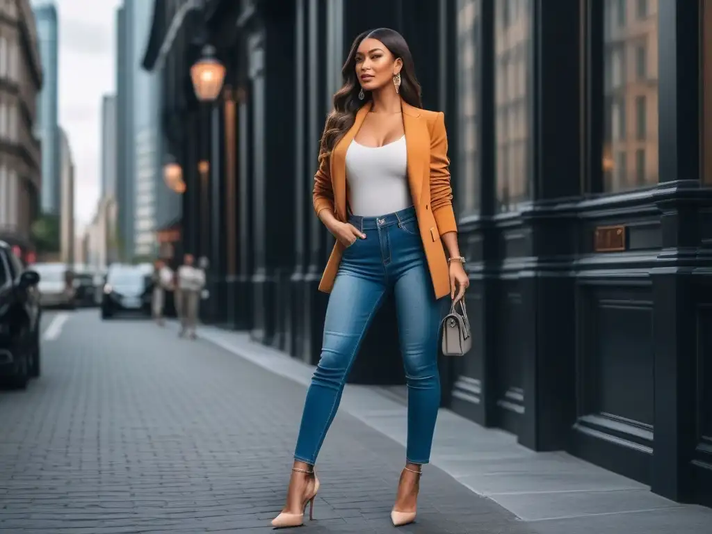 Estilo y confianza: mujer petite deslumbrante en la ciudad Una mujer petite con estilo camina confiada por la ciudad en jeans perfectamente ajustados, blazer y tacones altos