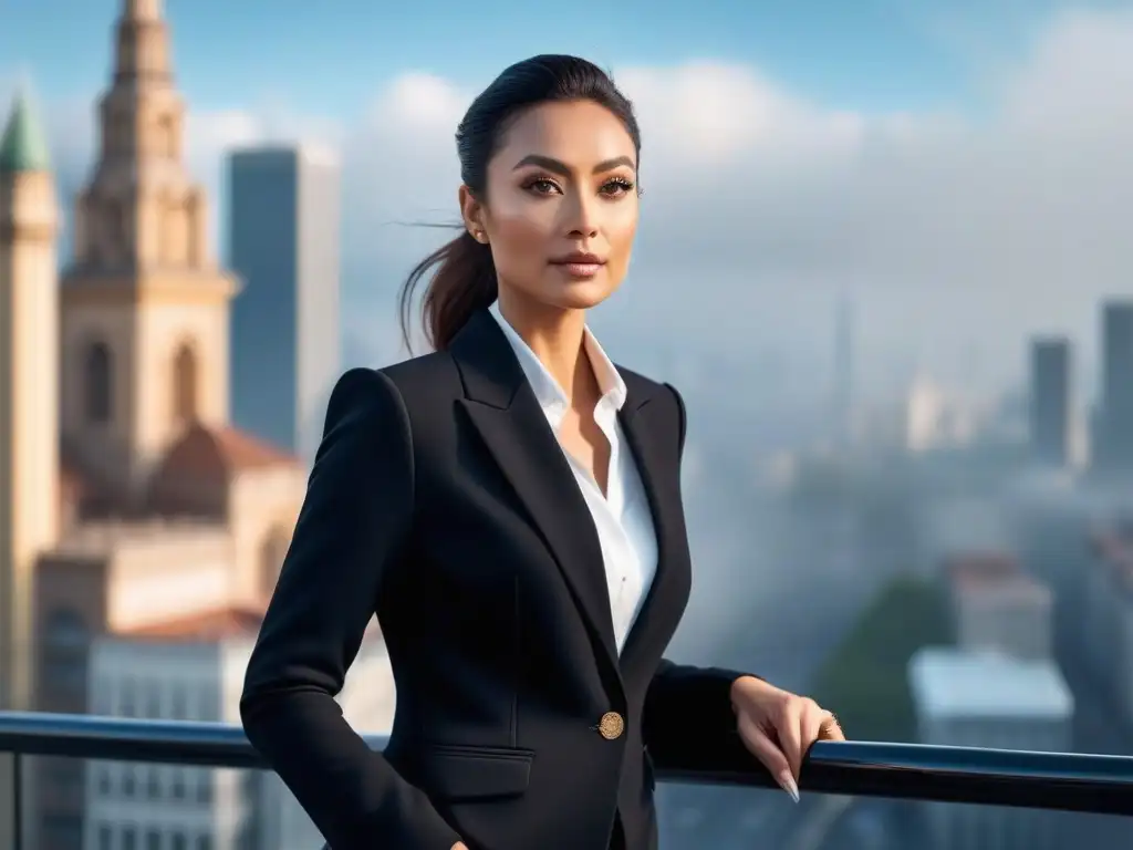 Blazer negro para mujer: sofisticación y estilo en la ciudad Una mujer petite con estilo y confianza, usando una chaqueta con corte y estilo único, frente a una ciudad moderna