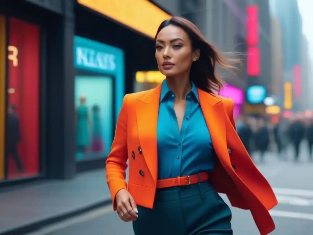 Moda urbana: mujer segura en ciudad vibrante Una mujer petite con estilo y confianza camina por la ciudad, destacando la importancia de los colores en el guardarropa de tallas petite