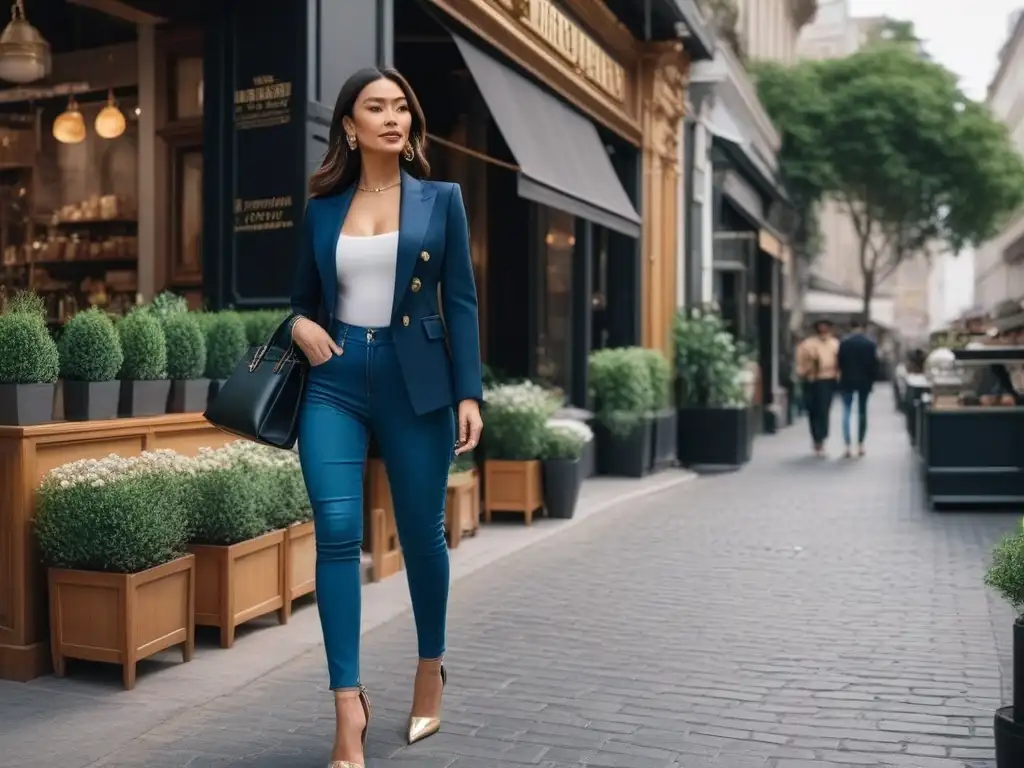 Estilo urbano chic: mujer elegante pasea con confianza por la ciudad Una mujer petite con estilo pasea con confianza por una bulliciosa calle urbana, luciendo moda casual para petite