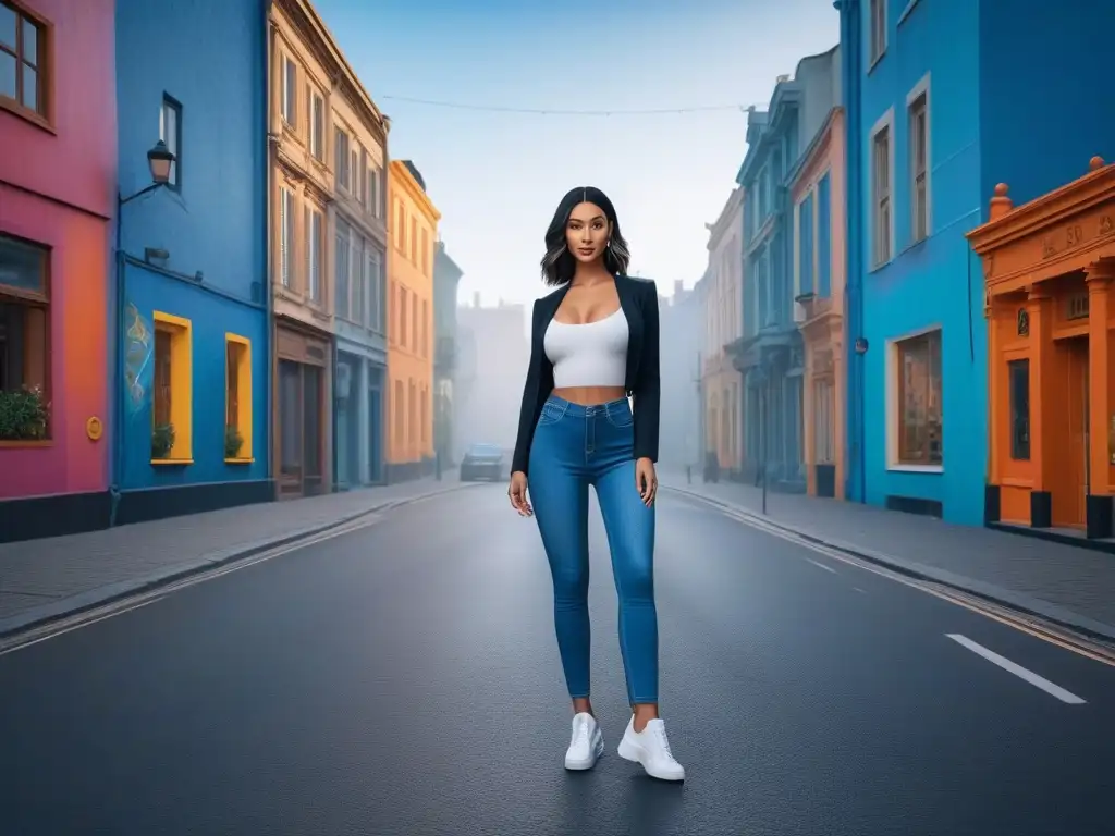 Moda urbana: mujer petite deslumbrante con jeans perfectos Una mujer petite con estilo y confianza camina por la ciudad luciendo unos jeans perfectos para cuerpos petite