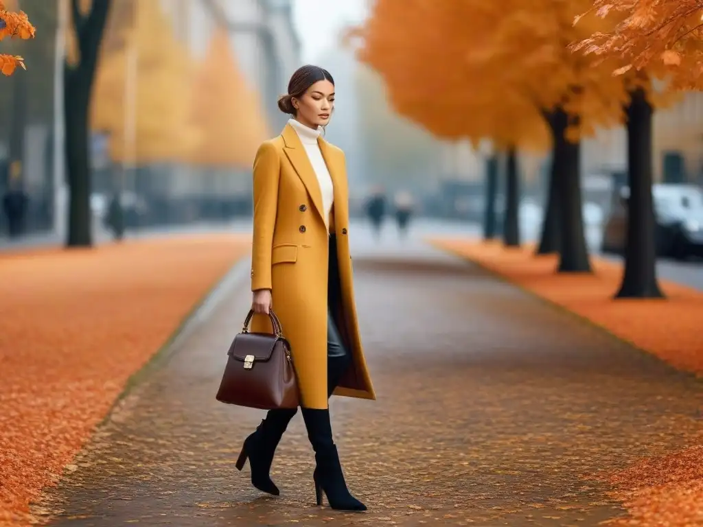 Estilo otoñal: mujer petite deslumbrante en la ciudad Una mujer petite con estilo pasea con confianza por la ciudad en otoño
