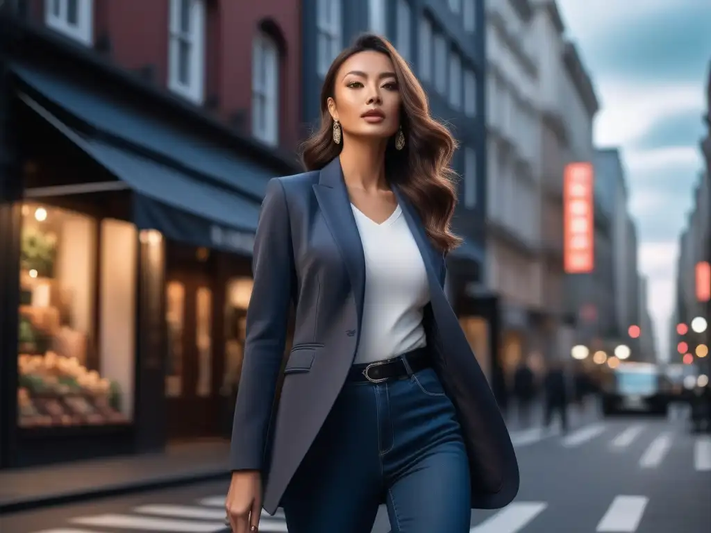 Estilo petite: mujer segura en la ciudad con outfit chic Una mujer petite con estilo caminando con confianza por la ciudad, luciendo un atuendo moderno y chic, inspirando a otras a abrazar su estilo