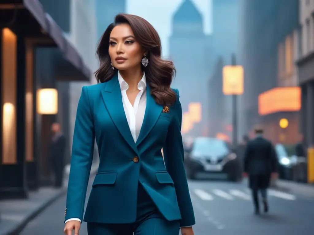 Estilo urbano: mujer segura con outfit moderno en la ciudad Una mujer petite con estilo pasea segura por la ciudad, luciendo un outfit moderno que realza su silueta