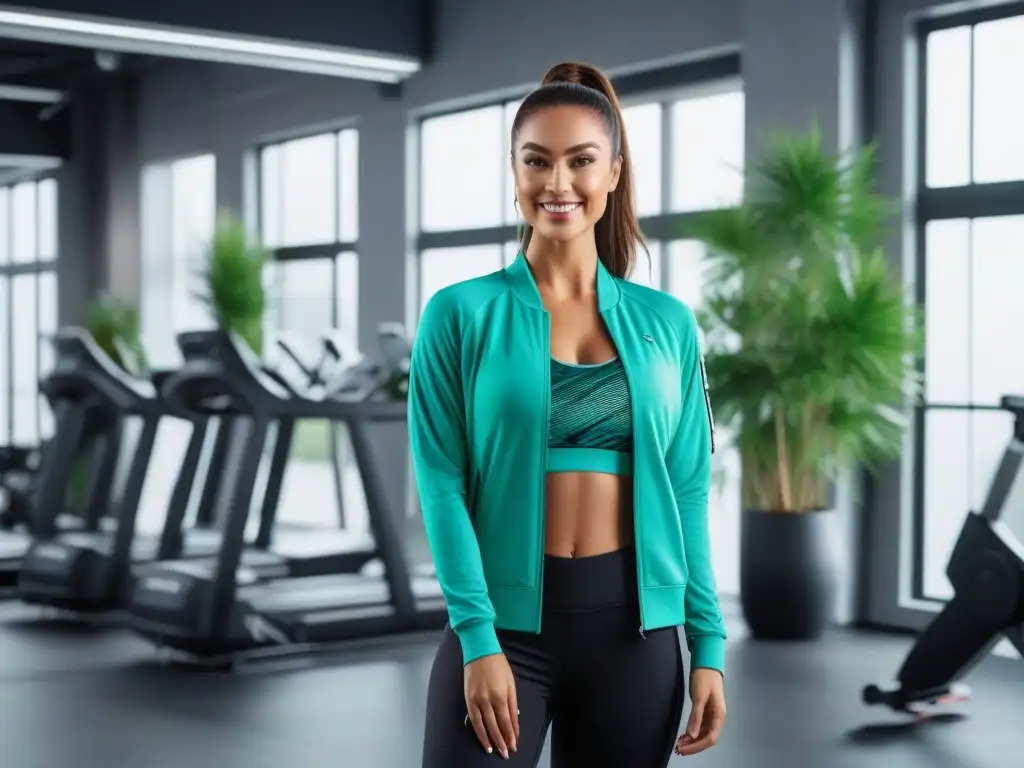 Moda deportiva para mujeres petite en un estudio fitness vibrante Una mujer petite sonriendo en un estudio de fitness con ropa deportiva petite tallas pequeñas