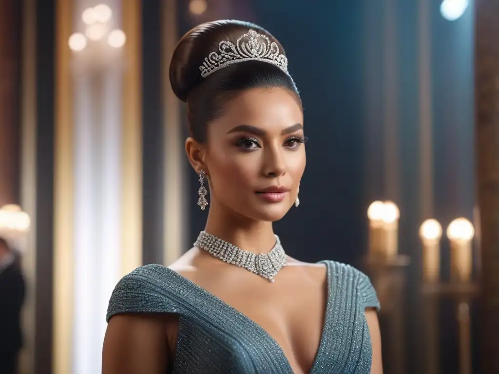Mujer elegante en evento glamuroso con peinado y maquillaje impecables Una mujer petite en un evento formal, luciendo un elegante peinado y maquillaje impecable en un ambiente glamuroso