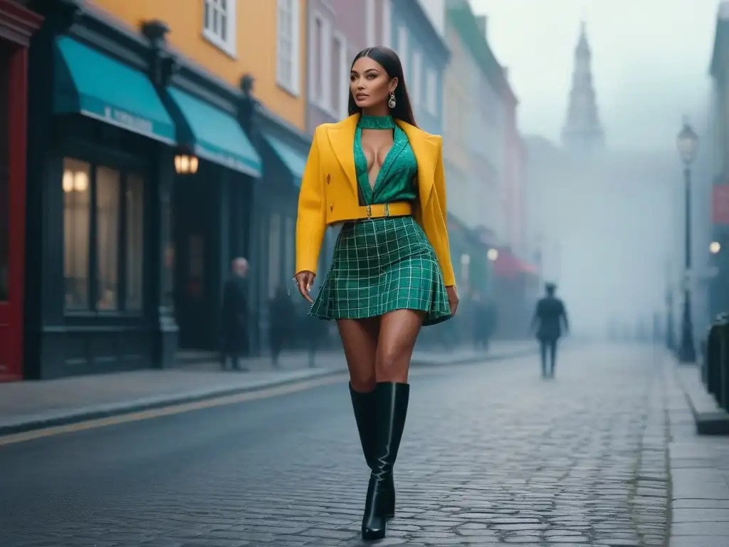 Estilo vibrante: mujer segura en la ciudad Una mujer petite irradia estilo y sofisticación al caminar por la ciudad en un atuendo vibrante y llamativo