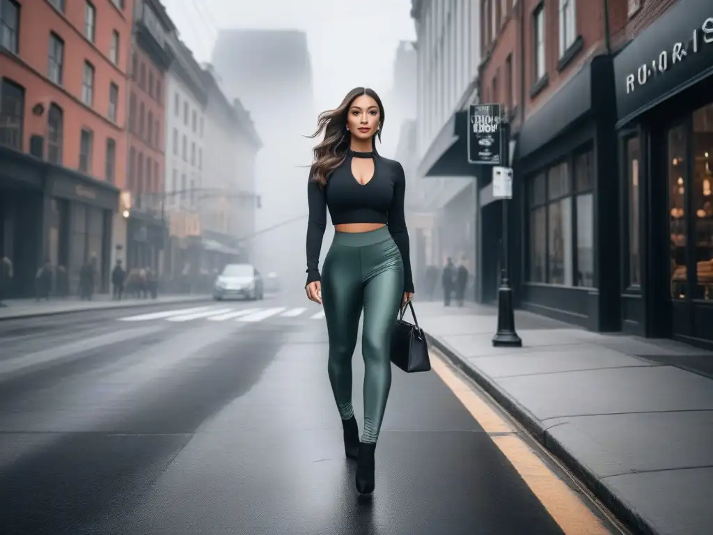 Leggings para mujeres petite: empoderamiento y estilo urbano Una mujer petite con leggings para Petite ajuste perfecto camina segura por la ciudad, irradiando estilo y confianza