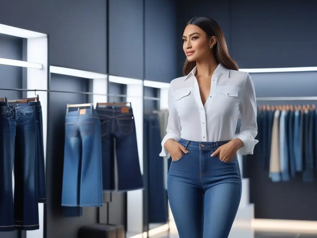 Descubre el Mejor Ajuste: Mujer Petite Probando Jeans en Boutique de Moda Una mujer petite prueba jeans en una lujosa boutique, encontrando el par perfecto