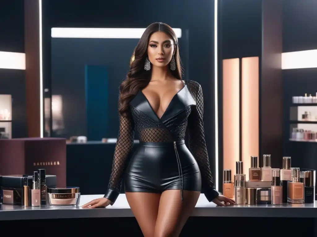 Retrato de mujer elegante en tocador de lujo Una mujer petite con maquillaje impecable y confianza, rodeada de productos de maquillaje de lujo en un tocador elegante