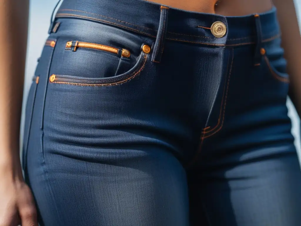 Jeans ajustados: resalta la silueta con estilo moderno Una mujer petite probándose los mejores jeans para figura petite, resaltando su diseño moderno y favorecedor