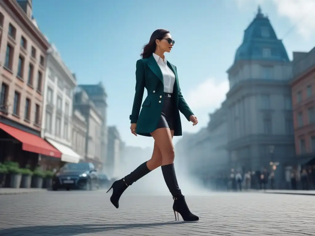 Zapatos elegantes para mujeres pequeñas en la ciudad Una mujer petite moderna y elegante camina con confianza por la ciudad, luciendo calzado chic