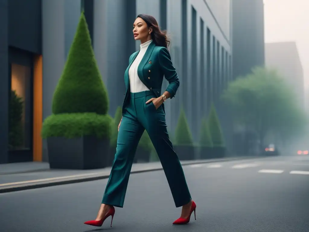 Moda Petite: Pantalones que transforman Una mujer petite con pantalones elegantes camina segura en la ciudad