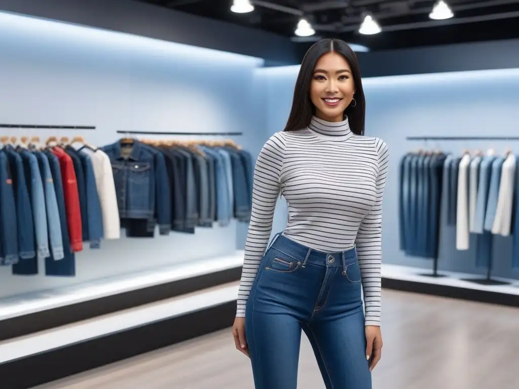 Selección de jeans perfectos para mujeres pequeñas en boutique moderna Una mujer petite prueba jeans perfectos cuerpos petite en tienda chic