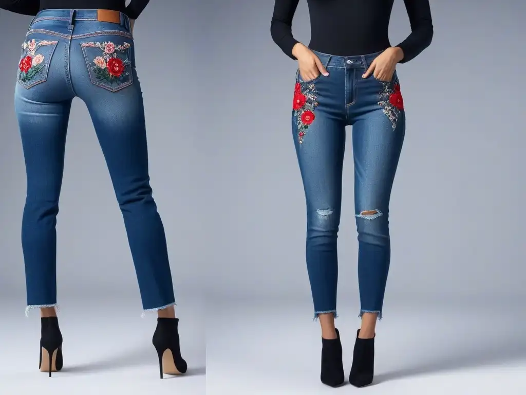 Jeans personalizados para mujer petite: estilo único y creativo Una mujer petite con jeans personalizados, mostrando detalles únicos y elegantes