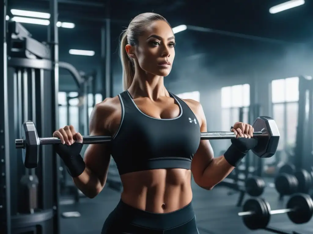 Entrenamiento de fuerza para mujeres: Empoderamiento en un gimnasio moderno Una mujer petite levantando pesas con determinación en un gimnasio moderno y bien iluminado