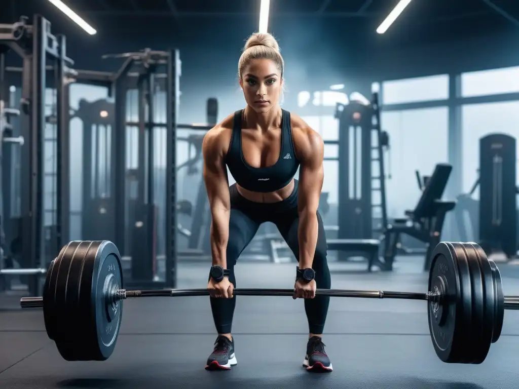 Empoderamiento en el gimnasio: mujer petite levantando pesas en 8k Una mujer petite levantando pesas en un gimnasio moderno y futurista, mostrando determinación y fortaleza