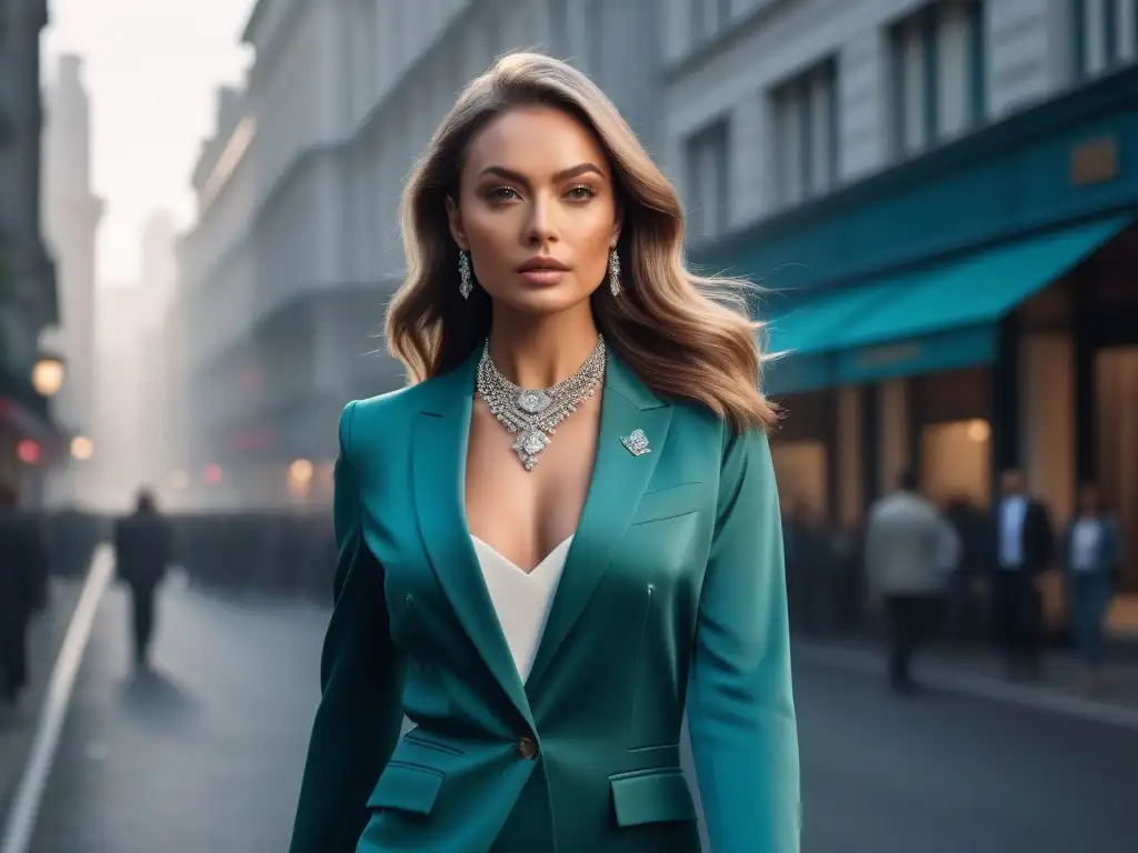 Petite power: mujer segura en traje urbano Una mujer petite poderosa y elegante camina por la ciudad, fusionando estilo y naturaleza