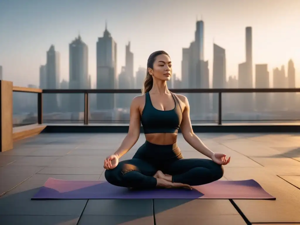 Yoga al amanecer: mujer fuerte en postura desafiante sobre terraza urbana Una mujer petite realiza una postura desafiante de yoga al amanecer en una terraza con vista a la ciudad