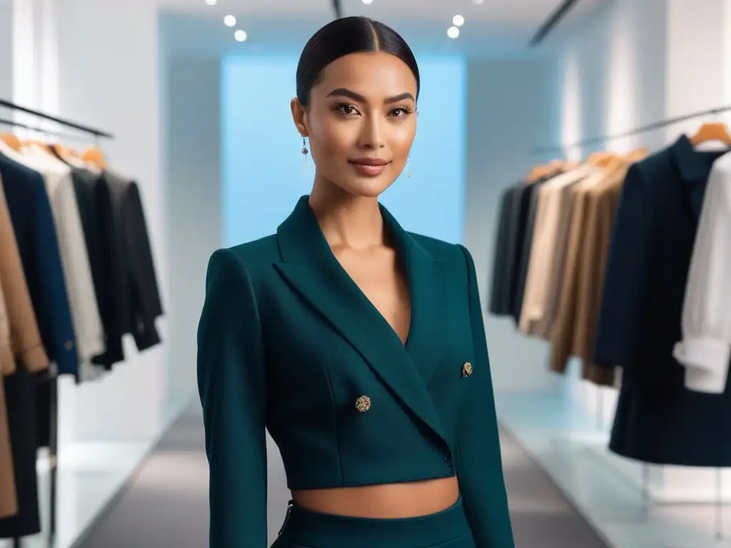 Estilo impecable: mujer petite prueba conjunto a medida en boutique elegante Una mujer petite probándose un atuendo perfectamente ajustado en una boutique elegante, reflejando satisfacción y empoderamiento