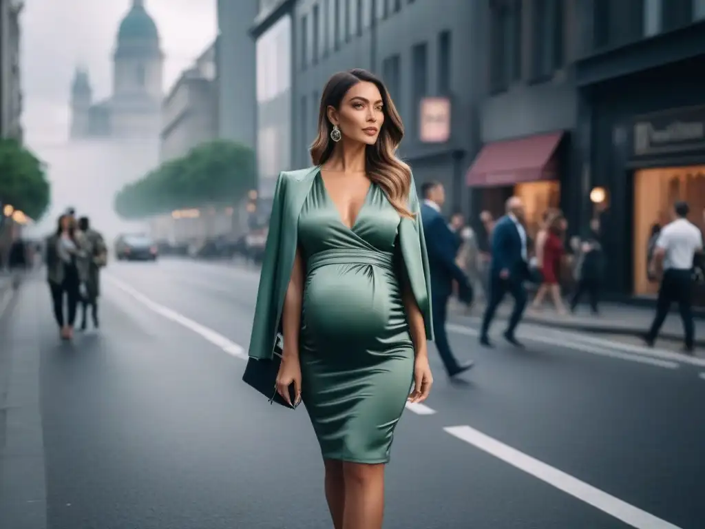 Moda premamá para mujeres pequeñas: estilo y confianza en la ciudad Una mujer petite en ropa maternal moderna, segura de sí misma en la ciudad