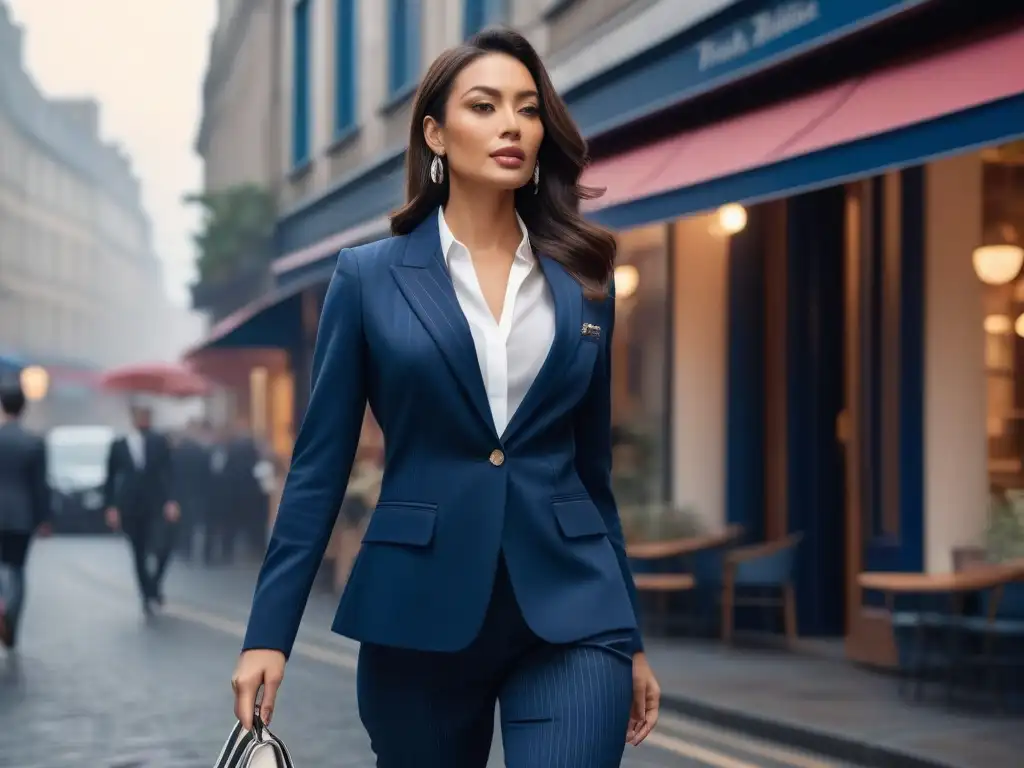 Mujer elegante en la ciudad, luciendo blazer navy y seguridad Una mujer petite camina segura por la bulliciosa calle de la ciudad luciendo una chaqueta petite de corte y estilo impecables