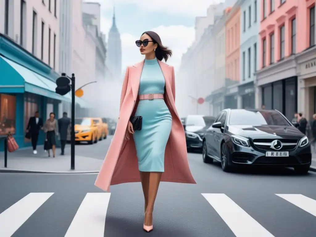 Moda urbana: mujer petite deslumbra con estilo y elegancia en la ciudad Una mujer petite desfila segura por la ciudad, luciendo un atuendo elegante