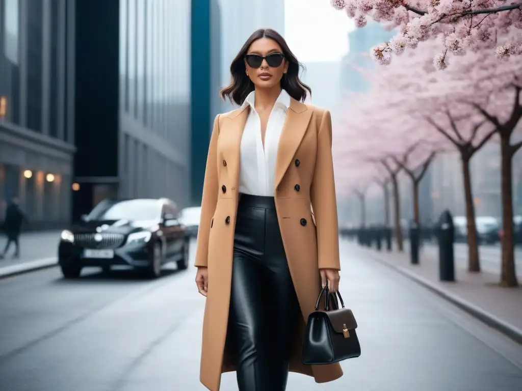 Elegante mujer profesional caminando en la ciudad con estilo primaveral Una mujer petite camina segura por la ciudad con prendas de transición, rodeada de rascacielos y árboles en flor