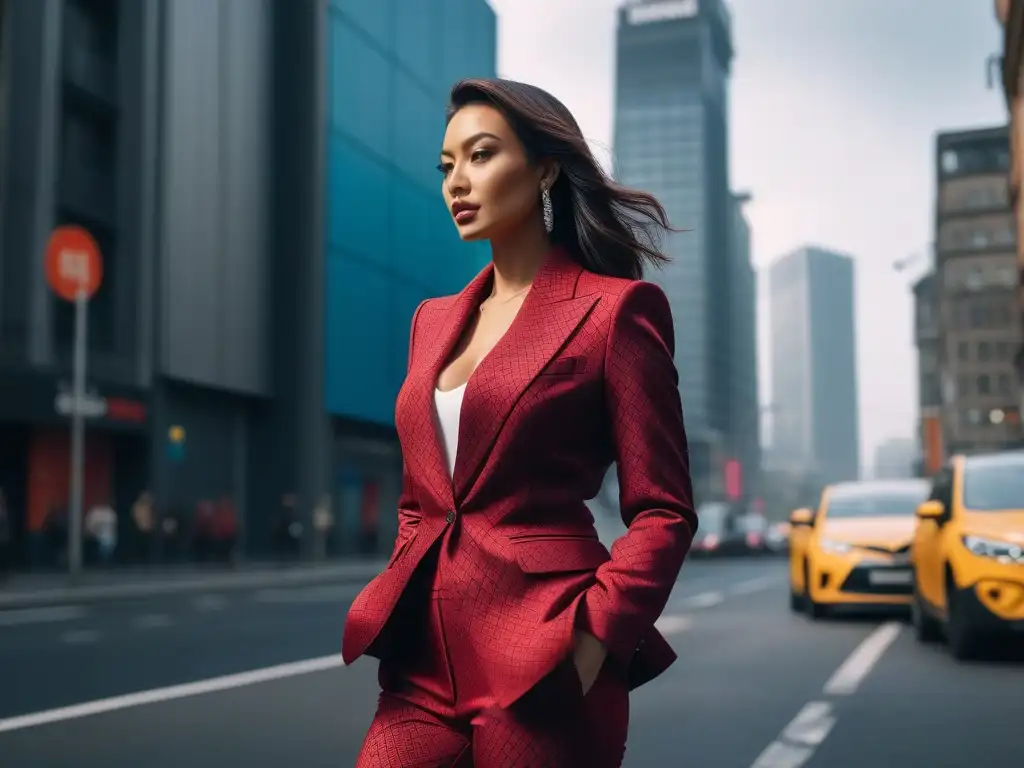 Mujer empoderada en la ciudad: blazer rojo intenso Una mujer petite segura en la ciudad, vistiendo un blazer rojo intenso y pantalones de patrón geométrico