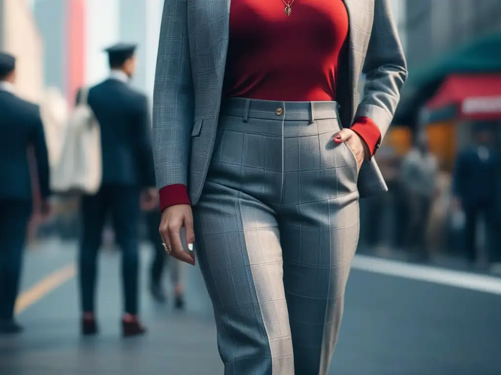 Pantalones modernos de alta costura en mujer segura en la ciudad Una mujer petite segura y elegante camina por la ciudad luciendo pantalones modernos y favorecedores