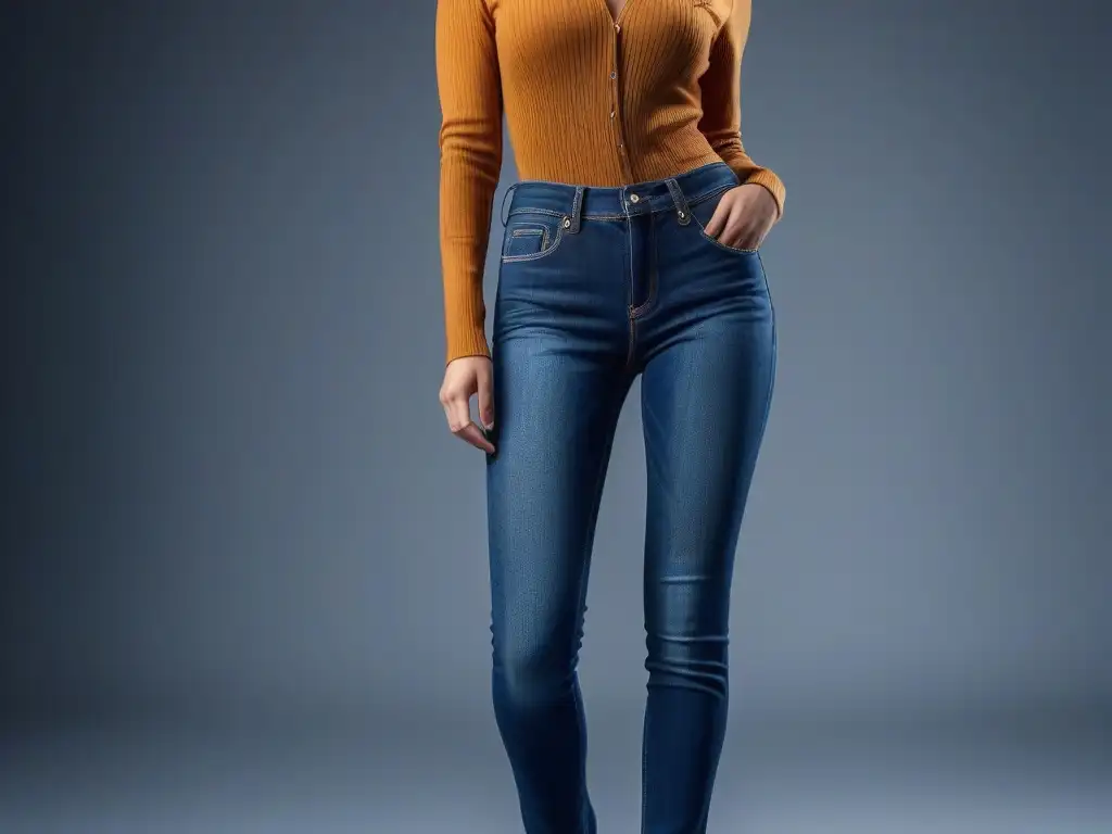 Estilo impecable: mujer petite segura con jeans a medida Una mujer petite segura y elegante, luciendo unos jeans perfectamente confeccionados en un entorno urbano minimalista