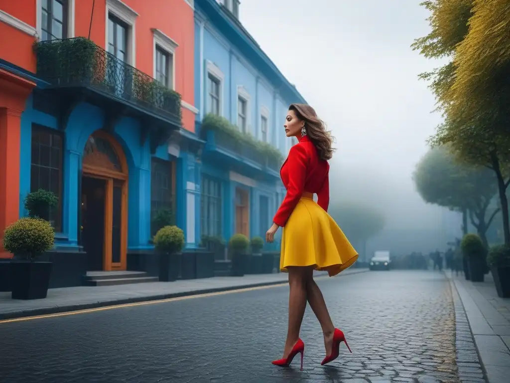 Moda Petite: Mujer confiada en la ciudad Una mujer petite, segura y elegante, viste un atuendo vibrante de colores intensos en una bulliciosa calle de la ciudad