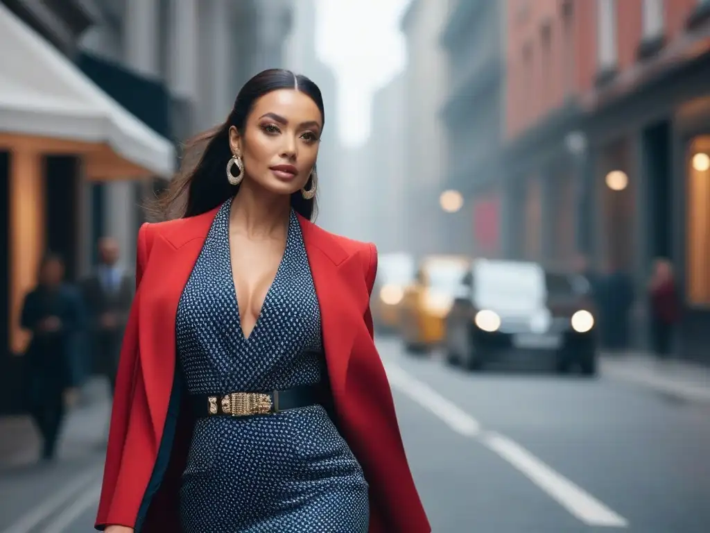 Estilo y confianza: mujer petite deslumbrante en la ciudad Una mujer petite segura y elegante camina por la ciudad, mostrando la influencia positiva de la moda en la autoestima